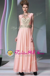Super Pink Sweetheart Neckline Embroidery and Ruching Evening Dress Cap Sleeves Side Zipper