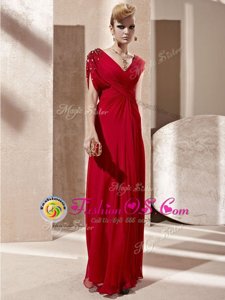 Red V-neck Side Zipper Beading and Ruching Evening Dress Short Sleeves