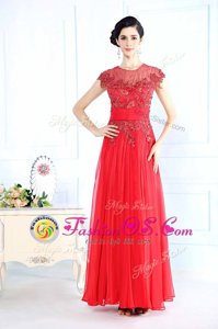 Scoop Coral Red Sleeveless Beading Floor Length Prom Dresses