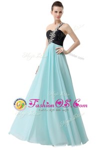 Edgy Blue And Black Empire One Shoulder Sleeveless Chiffon Floor Length Zipper Beading and Ruffles Prom Party Dress