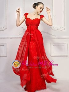 Flare With Train Red Evening Dress Lace Brush Train Cap Sleeves Beading and Lace and Sashes|ribbons