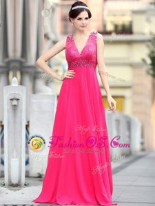 Custom Fit Sleeveless Chiffon With Brush Train Zipper Evening Dress in Hot Pink for with Beading and Sequins