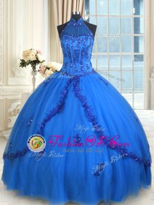Hot Selling See Through Floor Length Blue Quinceanera Gown Halter Top Sleeveless Lace Up