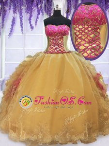 Fashionable Floor Length Gold Sweet 16 Quinceanera Dress Strapless Sleeveless Lace Up