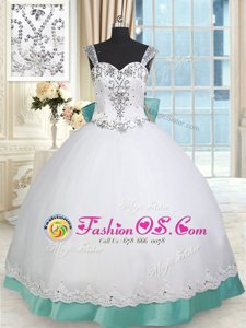 Straps Floor Length White and Green 15th Birthday Dress Taffeta and Tulle Sleeveless Beading and Lace and Bowknot