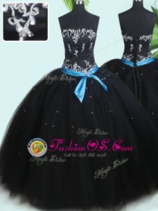 Fancy Black Ball Gowns Beading and Belt Quinceanera Gown Lace Up Tulle Sleeveless Floor Length