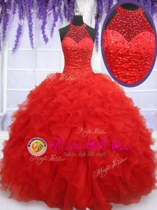 Comfortable Halter Top Floor Length Red Sweet 16 Quinceanera Dress Organza Sleeveless Beading and Ruffles