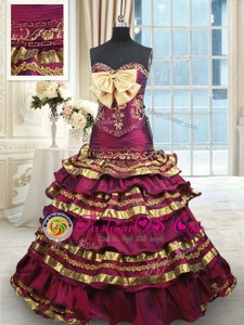 Custom Fit Ruffled Layers Burgundy Sleeveless Taffeta Brush Train Lace Up 15th Birthday Dress for Military Ball and Sweet 16 and Quinceanera