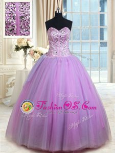 Lavender Tulle Lace Up Quinceanera Gowns Sleeveless Floor Length Beading