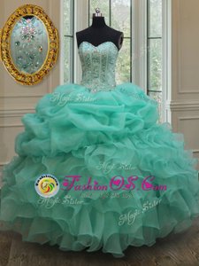 Hot Pink Organza Lace Up Sweetheart Sleeveless Floor Length Quince Ball Gowns Beading and Ruffles