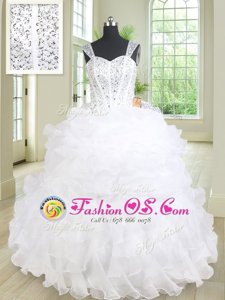 Straps Sleeveless Quinceanera Dresses Floor Length Beading and Ruffles and Pick Ups White Organza