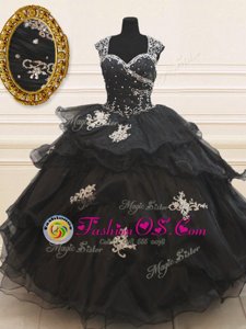 Nice Black Organza Zipper Sweet 16 Dress Cap Sleeves Floor Length Beading and Appliques and Ruffles