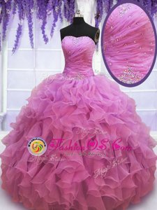 Fashionable Lilac Sleeveless Floor Length Beading and Ruffles Lace Up 15 Quinceanera Dress