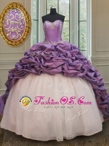 Comfortable Pick Ups White And Purple Sleeveless Organza and Taffeta Court Train Lace Up 15th Birthday Dress for Military Ball and Sweet 16 and Quinceanera