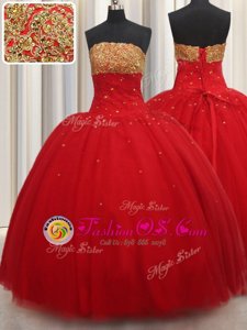 Great Red Tulle Lace Up Strapless Sleeveless Floor Length Vestidos de Quinceanera Beading