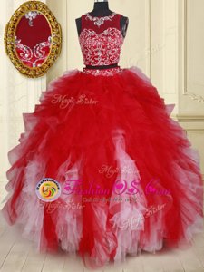 Two Pieces See Through Scoop Sleeveless Tulle Quinceanera Gowns Beading and Ruffles Zipper