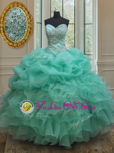 Sleeveless Floor Length Beading and Ruffles Lace Up Sweet 16 Dresses with Aqua Blue