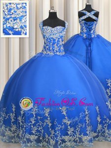 Tulle Straps Sleeveless Lace Up Beading and Appliques Sweet 16 Quinceanera Dress in Blue