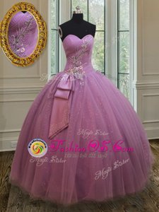 Best Sleeveless Tulle Floor Length Lace Up 15 Quinceanera Dress in Lilac for with Beading and Belt