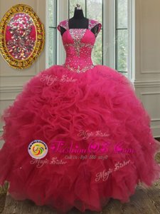 Best Selling Square Hot Pink Tulle Lace Up 15 Quinceanera Dress Cap Sleeves Floor Length Beading and Ruffles