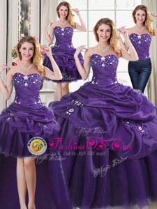 Four Piece Purple Ball Gowns Organza Sweetheart Sleeveless Beading and Appliques and Pick Ups Floor Length Lace Up Ball Gown Prom Dress