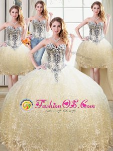 Four Piece Champagne Tulle and Lace Lace Up Vestidos de Quinceanera Sleeveless Floor Length Beading and Lace