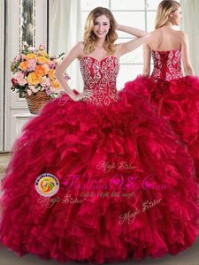 Inexpensive Three Piece Sweetheart Sleeveless Organza Quinceanera Dresses Beading and Ruffles Lace Up