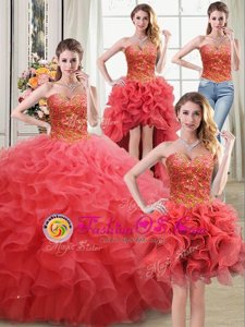 Four Piece Coral Red Sleeveless Beading and Ruffles Floor Length Quinceanera Gown