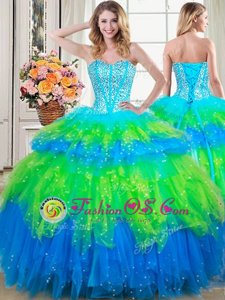 Ruffled Multi-color Sleeveless Tulle Lace Up Sweet 16 Quinceanera Dress for Military Ball and Sweet 16 and Quinceanera