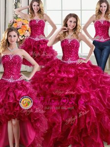 Free and Easy Four Piece Strapless Sleeveless Sweet 16 Dresses Floor Length Beading and Ruffles Fuchsia Organza