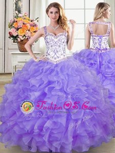 Straps Floor Length Lace Up Sweet 16 Dress Lavender and In for Military Ball and Sweet 16 and Quinceanera with Beading and Lace and Ruffles
