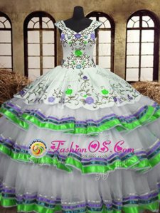Three Piece White Organza Lace Up Straps Sleeveless Floor Length Quinceanera Gown Beading and Ruffles