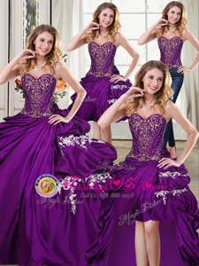 New Arrival Four Piece Pick Ups Floor Length Ball Gowns Sleeveless Purple Quinceanera Gown Lace Up