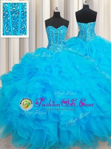 Modest Floor Length Baby Blue 15 Quinceanera Dress Organza Sleeveless Beading and Ruffles