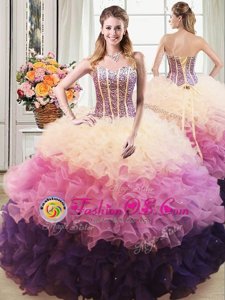 Colorful Multi-color Ball Gowns Organza Sweetheart Sleeveless Beading and Ruffles Floor Length Lace Up 15th Birthday Dress