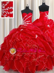 Exquisite Red Ball Gowns Beading and Ruffles and Pick Ups 15 Quinceanera Dress Lace Up Organza Sleeveless Floor Length