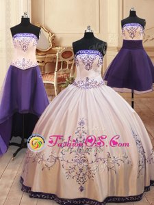 Four Piece White Strapless Zipper Beading and Embroidery Quince Ball Gowns Sleeveless