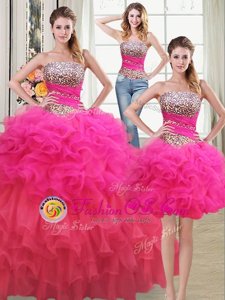 Pretty Three Piece Sleeveless Lace Up Floor Length Beading and Ruffles and Ruffled Layers and Sequins Ball Gown Prom Dress