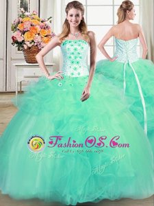 Colorful Turquoise Tulle Lace Up Quinceanera Dress Sleeveless Floor Length Beading and Appliques and Ruffles