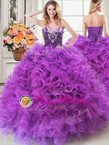 Shining Eggplant Purple Ball Gowns Organza Sweetheart Sleeveless Beading and Ruffles Floor Length Lace Up 15 Quinceanera Dress