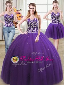 Elegant Three Piece Sweetheart Sleeveless Lace Up Vestidos de Quinceanera Purple Tulle