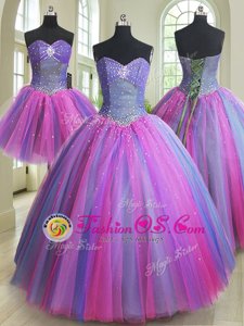 Dynamic Three Piece Sleeveless Tulle Floor Length Lace Up Quince Ball Gowns in Multi-color for with Beading