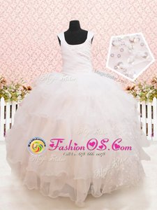 Scoop Sleeveless Lace Up Floor Length Beading and Ruffled Layers and Sequins Toddler Flower Girl Dress