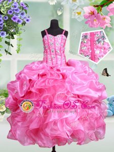 Beautiful Straps Rose Pink Sleeveless Beading and Ruffles and Pick Ups Floor Length Little Girls Pageant Dress