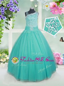 Free and Easy Turquoise Tulle Zipper Asymmetric Sleeveless Floor Length Kids Pageant Dress Beading