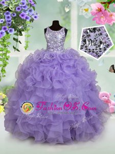 Scoop Sleeveless Organza Floor Length Zipper Girls Pageant Dresses in Lavender for with Beading and Ruffles