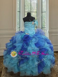 Romantic Blue Ball Gowns Organza Strapless Sleeveless Beading and Ruffles Floor Length Lace Up Flower Girl Dress