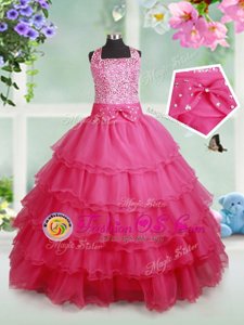 Halter Top Sleeveless Zipper Floor Length Beading and Ruffled Layers and Bowknot Kids Formal Wear