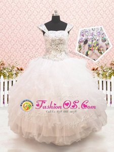 Inexpensive White Flower Girl Dresses Quinceanera and Wedding Party and For with Beading and Ruffled Layers Straps Cap Sleeves Lace Up