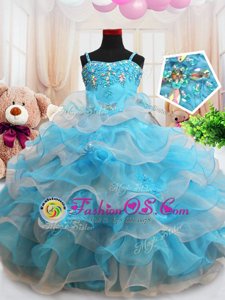 Enchanting Straps Baby Blue Sleeveless Floor Length Beading and Appliques and Ruffled Layers Zipper Toddler Flower Girl Dress